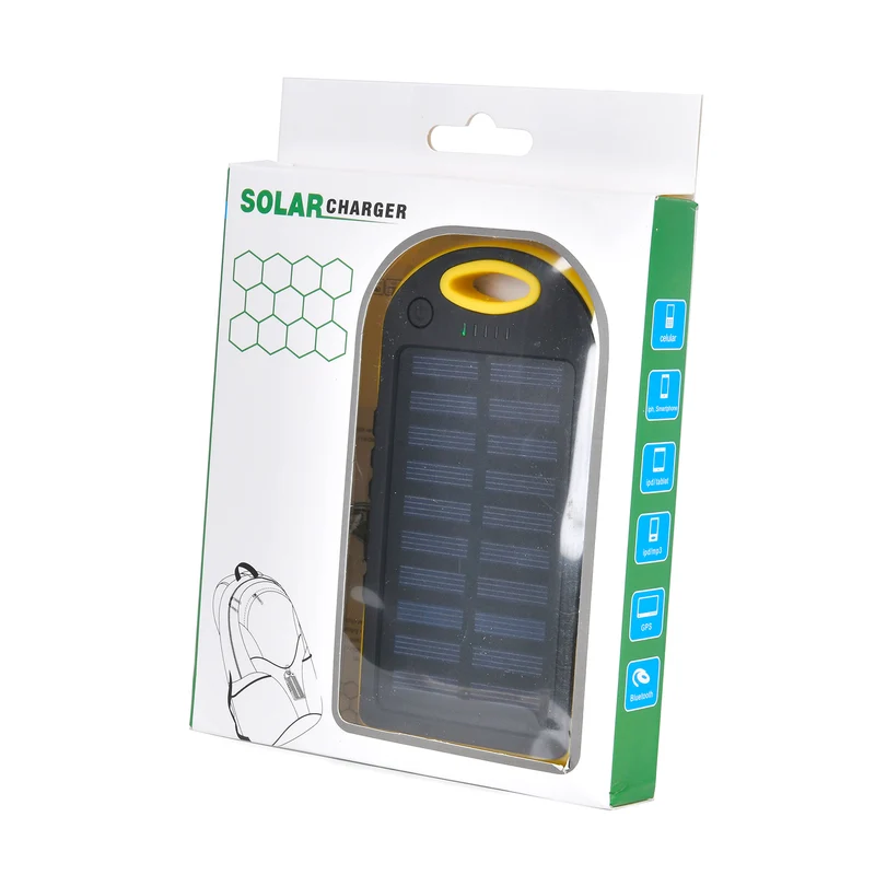 Multifunktionale Solar-Powerbank mit LED-Taschenlampe und Leistungsanzeige, 5000 Mah, USB- und Micro-USB-Anschluss, Schwarz
