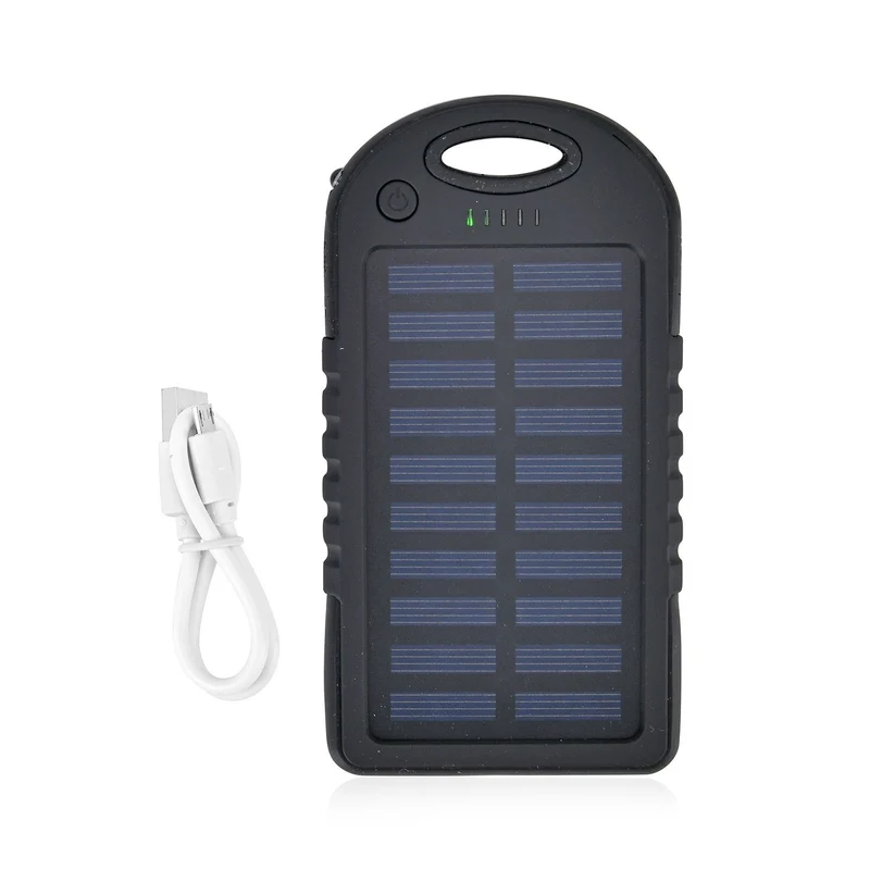 Multifunktionale Solar-Powerbank mit LED-Taschenlampe und Leistungsanzeige, 5000 Mah, USB- und Micro-USB-Anschluss, Schwarz