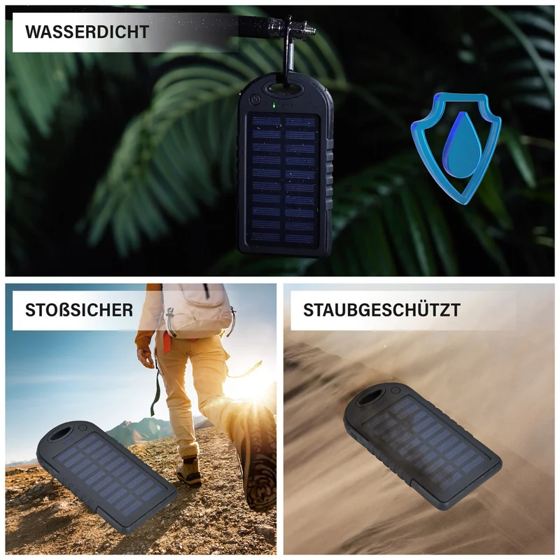 Multifunktionale Solar-Powerbank mit LED-Taschenlampe und Leistungsanzeige, 5000 Mah, USB- und Micro-USB-Anschluss, Schwarz