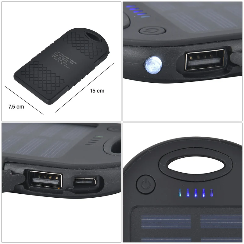 Multifunktionale Solar-Powerbank mit LED-Taschenlampe und Leistungsanzeige, 5000 Mah, USB- und Micro-USB-Anschluss, Schwarz