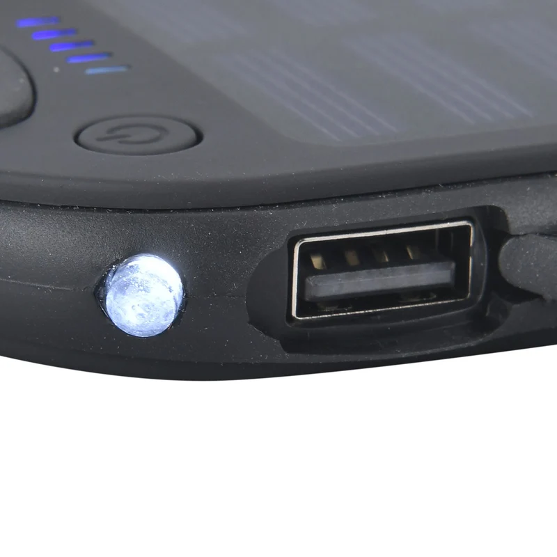 Multifunktionale Solar-Powerbank mit LED-Taschenlampe und Leistungsanzeige, 5000 Mah, USB- und Micro-USB-Anschluss, Schwarz