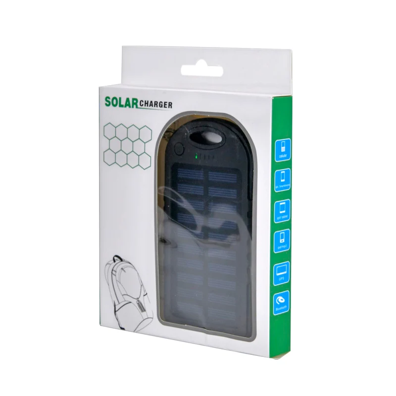 Multifunktionale Solar-Powerbank mit LED-Taschenlampe und Leistungsanzeige, 5000 Mah, USB- und Micro-USB-Anschluss, Schwarz