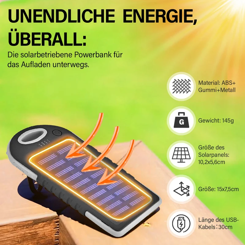 Multifunktionale Solar-Powerbank mit LED-Taschenlampe und Leistungsanzeige, 5000 Mah, USB- und Micro-USB-Anschluss, Schwarz