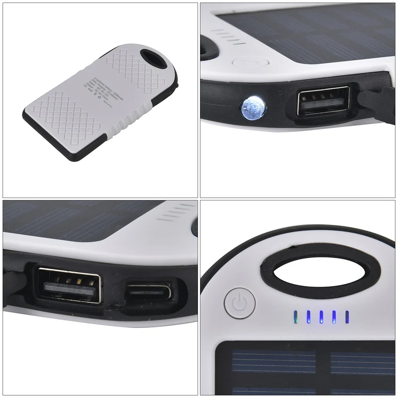 Multifunktionale Solar-Powerbank mit LED-Taschenlampe und Leistungsanzeige, 5000 Mah, USB- und Micro-USB-Anschluss, Schwarz