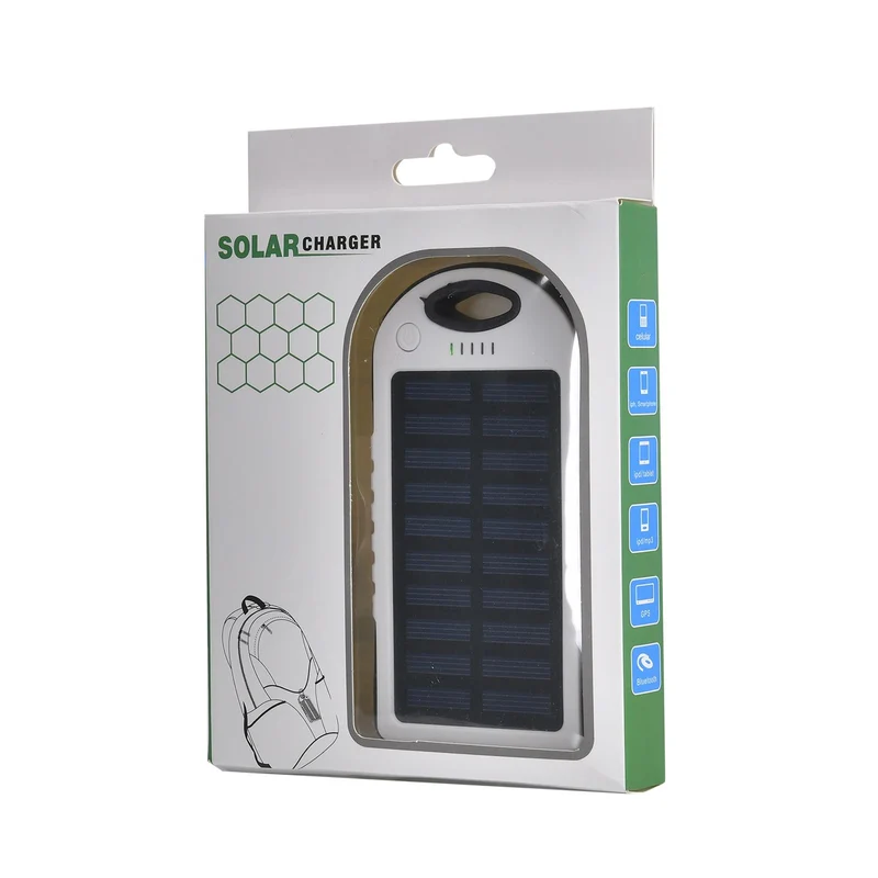 Multifunktionale Solar-Powerbank mit LED-Taschenlampe und Leistungsanzeige, 5000 Mah, USB- und Micro-USB-Anschluss, Schwarz