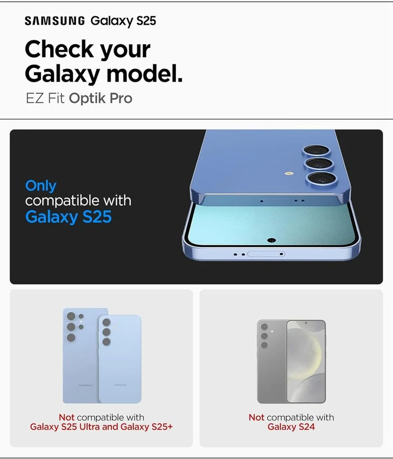 Spigen Samsung Galaxy S25 EZ Fit GLAS.tR Optik Pro HD 2PCS Camera Lens Protector - Black