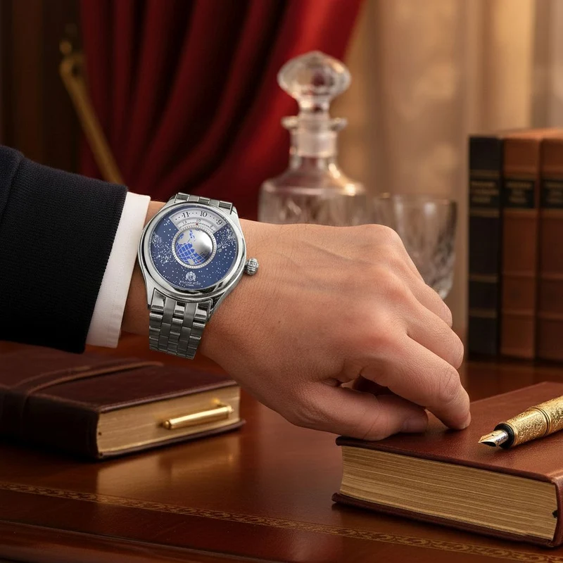 WILLIAM HUNT - Automatik Armbanduhr mit mechanischem Uhrwerk Sternenhimmel Zifferblatt, 316L Edelstahl, Silber