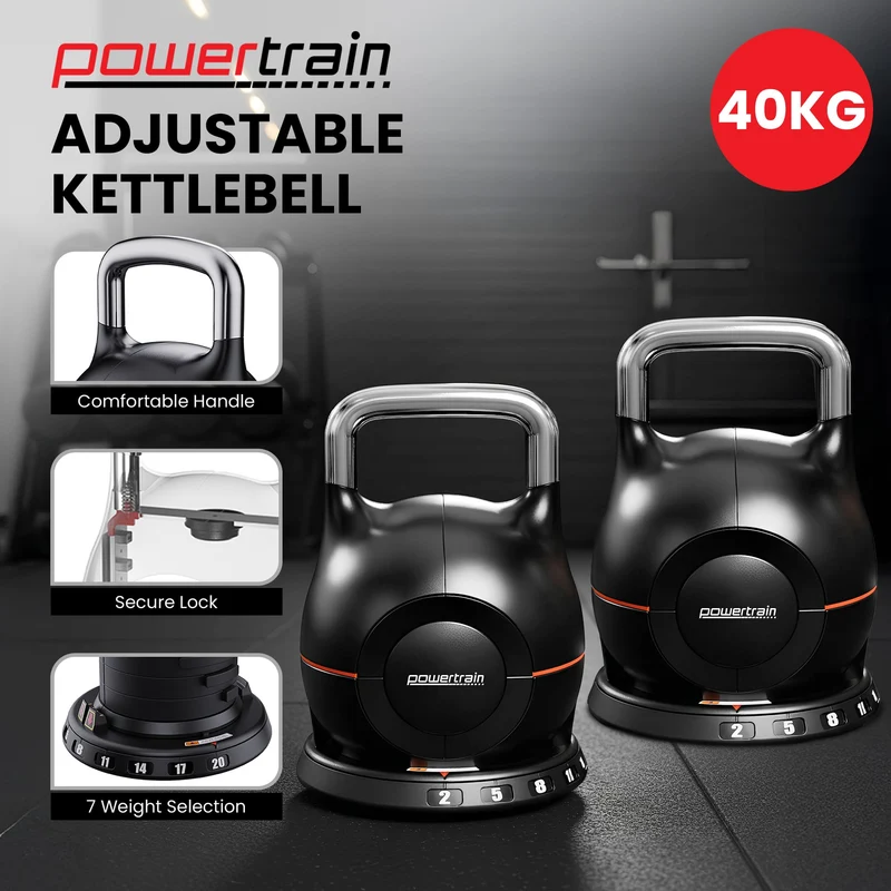Powertrain 2x 20kg Adjustable Kettlebell Pair Quick Adjust Weight Set for Home Gym Strength & Fitness Workout