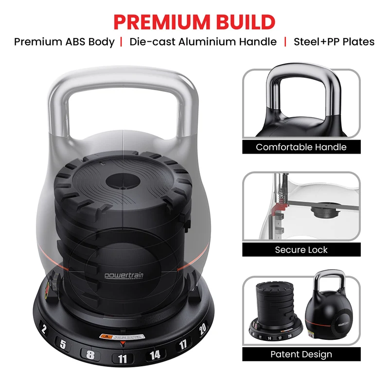 Powertrain 2x 20kg Adjustable Kettlebell Pair Quick Adjust Weight Set for Home Gym Strength & Fitness Workout