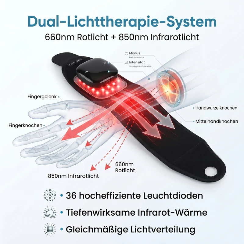 LIVMORE Handgelenkbandage mit Rotlicht und Infrarotlicht, 660nm und 850nm, Neopren, 41x9cm, Schwarz