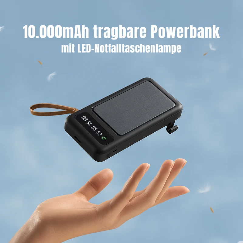 Powerbank mit 10.000 mAh, integrierter LED-Taschenlampe, 4 integrierten Kabeln und Handyhalterung, 14x7x2cm, Weiß