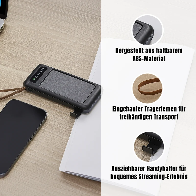 Powerbank mit 10.000 mAh, integrierter LED-Taschenlampe, 4 integrierten Kabeln und Handyhalterung, 14x7x2cm, Weiß
