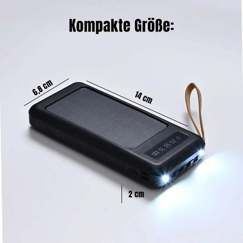Powerbank mit 10.000 mAh, integrierter LED-Taschenlampe, 4 integrierten Kabeln und Handyhalterung, 14x7x2cm, Weiß
