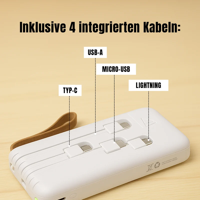 Powerbank mit 10.000 mAh, integrierter LED-Taschenlampe, 4 integrierten Kabeln und Handyhalterung, 14x7x2cm, Weiß