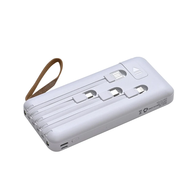 Powerbank mit 10.000 mAh, integrierter LED-Taschenlampe, 4 integrierten Kabeln und Handyhalterung, 14x7x2cm, Weiß