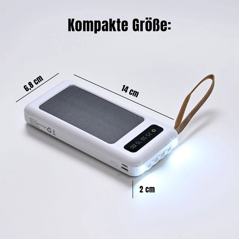 Powerbank mit 10.000 mAh, integrierter LED-Taschenlampe, 4 integrierten Kabeln und Handyhalterung, 14x7x2cm, Weiß