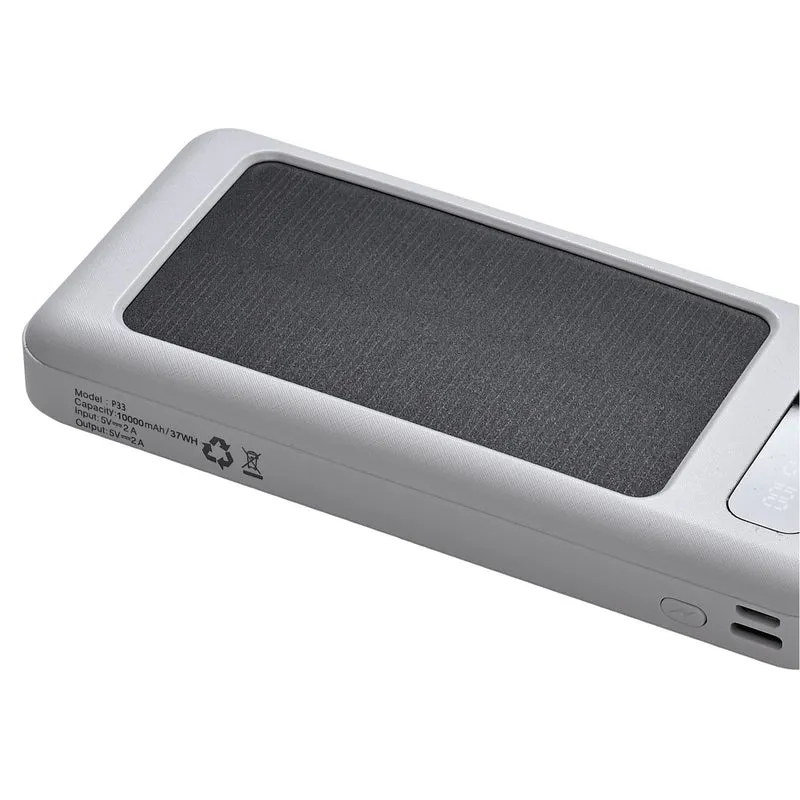 Powerbank mit 10.000 mAh, integrierter LED-Taschenlampe, 4 integrierten Kabeln und Handyhalterung, 14x7x2cm, Weiß