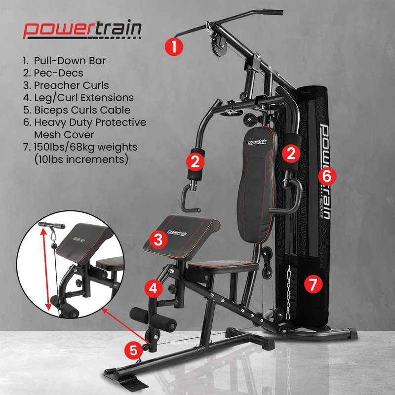 Powertrain Multi Station Home Gym 68kg Weight Stack All-in-One Fitness Workout Machine Lat Pulldown Preacher Curl