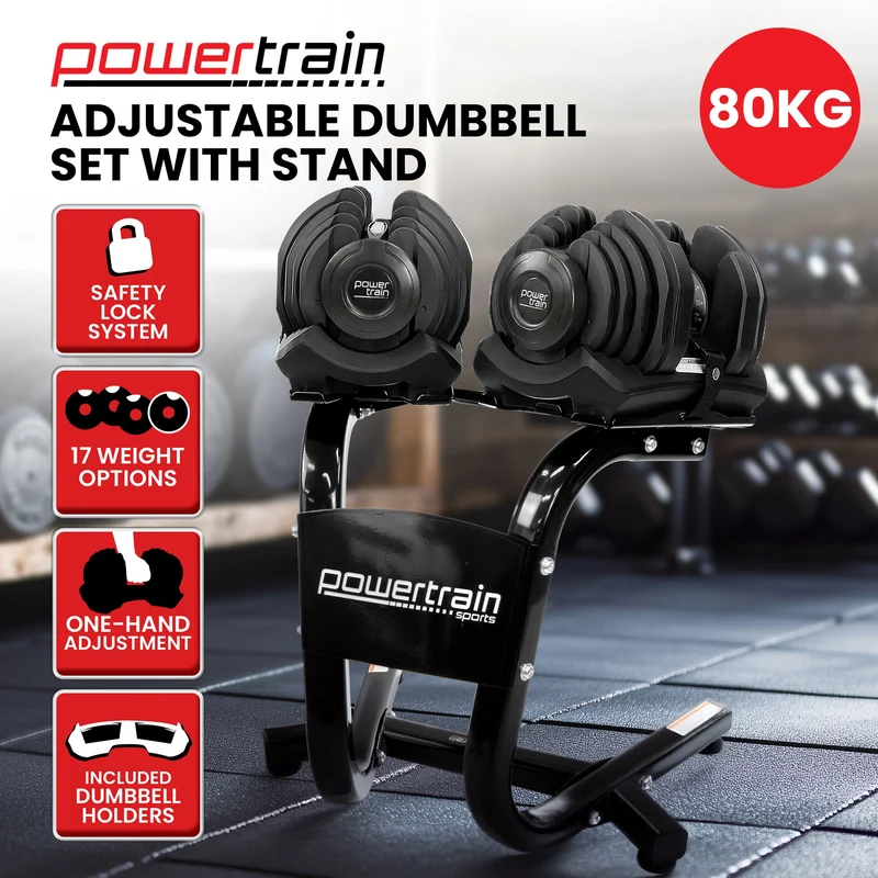 Powertrain 80kg Adjustable Dumbbells Set with Stand Pair 40kg Each Dial Free Weights Home Gym Strength Training
