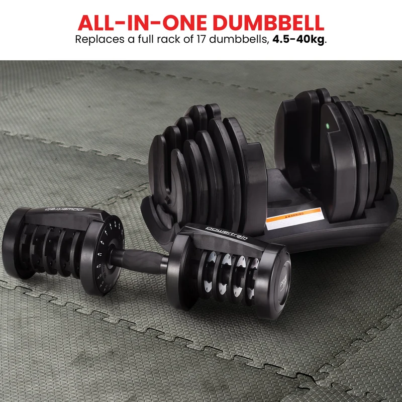 Powertrain 80kg Adjustable Dumbbells Set with Stand Pair 40kg Each Dial Free Weights Home Gym Strength Training