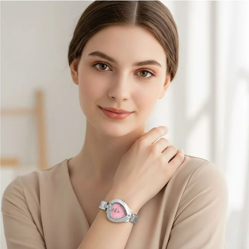 GENOA TIME - Herz-Armbanduhr Legierung, nickelfreies Messing, roséfarben, mit weißen Kristallen, Zifferblatt Rosa-Sunshine, 3 ATM wasserdicht