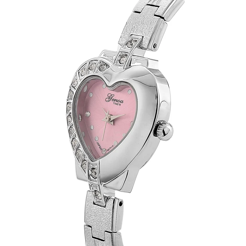 GENOA TIME - Herz-Armbanduhr Legierung, nickelfreies Messing, roséfarben, mit weißen Kristallen, Zifferblatt Rosa-Sunshine, 3 ATM wasserdicht
