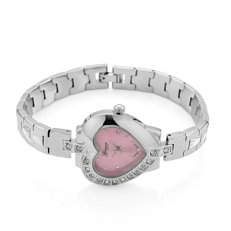 GENOA TIME - Herz-Armbanduhr Legierung, nickelfreies Messing, roséfarben, mit weißen Kristallen, Zifferblatt Rosa-Sunshine, 3 ATM wasserdicht