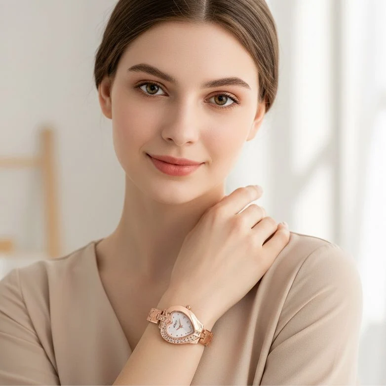 GENOA TIME - Herz-Armbanduhr Legierung, nickelfreies Messing, roséfarben, mit weißen Kristallen, Zifferblatt Rosa-Sunshine, 3 ATM wasserdicht