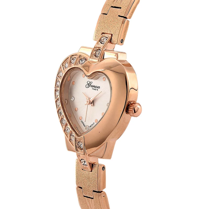 GENOA TIME - Herz-Armbanduhr Legierung, nickelfreies Messing, roséfarben, mit weißen Kristallen, Zifferblatt Rosa-Sunshine, 3 ATM wasserdicht