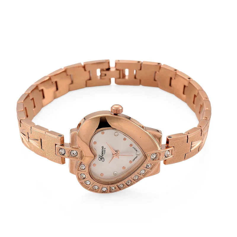 GENOA TIME - Herz-Armbanduhr Legierung, nickelfreies Messing, roséfarben, mit weißen Kristallen, Zifferblatt Rosa-Sunshine, 3 ATM wasserdicht