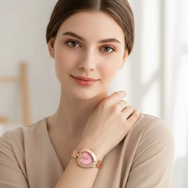 GENOA TIME - Herz-Armbanduhr Legierung, nickelfreies Messing, roséfarben, mit weißen Kristallen, Zifferblatt Rosa-Sunshine, 3 ATM wasserdicht