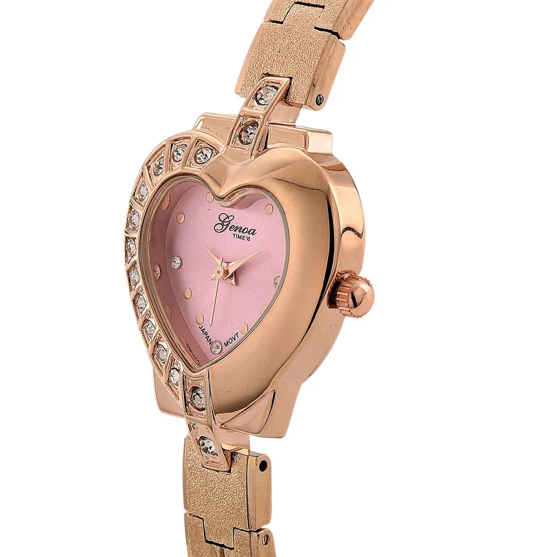 GENOA TIME - Herz-Armbanduhr Legierung, nickelfreies Messing, roséfarben, mit weißen Kristallen, Zifferblatt Rosa-Sunshine, 3 ATM wasserdicht