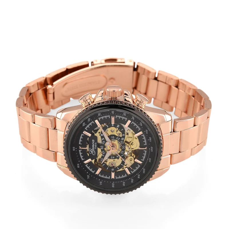 GENOA TIME - Bicolor-Armbanduhr, Reiner Edelstahl, schwarz-silberfarben, Automatik, 3 ATM wasserdicht