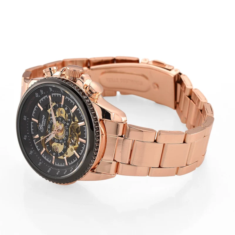 GENOA TIME - Bicolor-Armbanduhr, Reiner Edelstahl, schwarz-silberfarben, Automatik, 3 ATM wasserdicht
