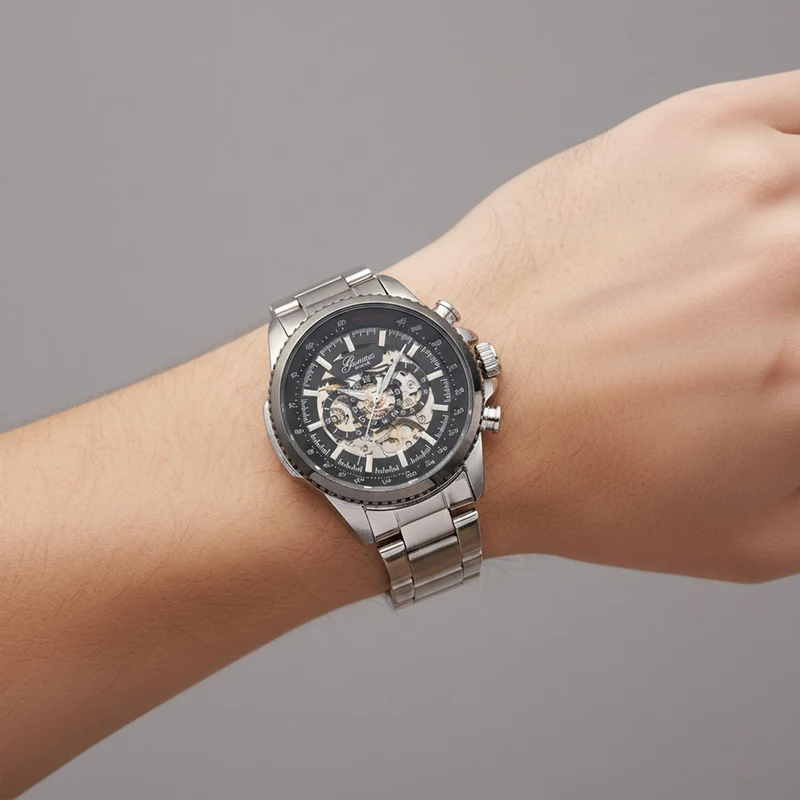 GENOA TIME - Bicolor-Armbanduhr, Reiner Edelstahl, schwarz-silberfarben, Automatik, 3 ATM wasserdicht