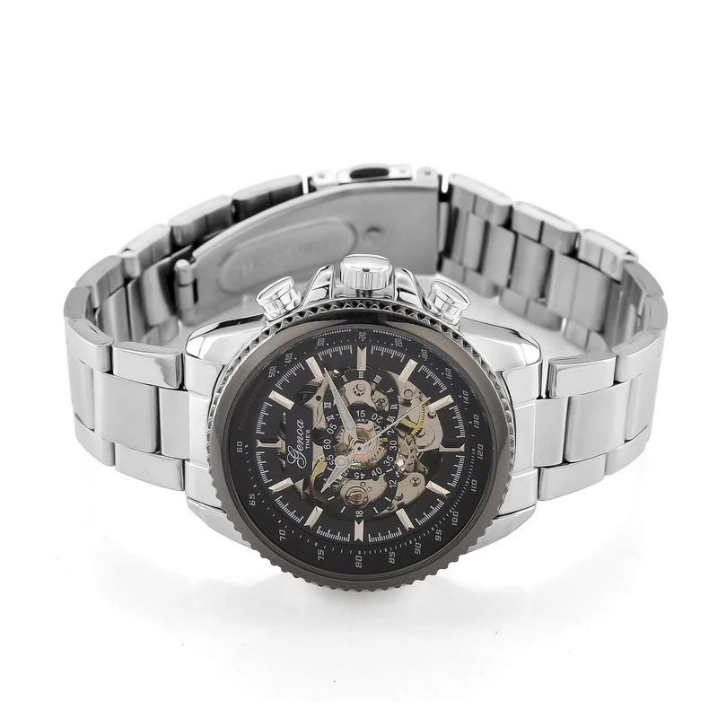 GENOA TIME - Bicolor-Armbanduhr, Reiner Edelstahl, schwarz-silberfarben, Automatik, 3 ATM wasserdicht