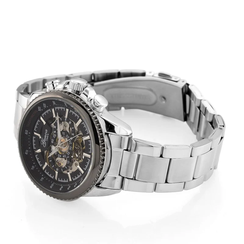 GENOA TIME - Bicolor-Armbanduhr, Reiner Edelstahl, schwarz-silberfarben, Automatik, 3 ATM wasserdicht
