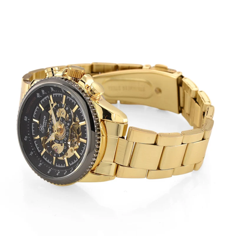 GENOA TIME - Bicolor-Armbanduhr, Reiner Edelstahl, schwarz-silberfarben, Automatik, 3 ATM wasserdicht