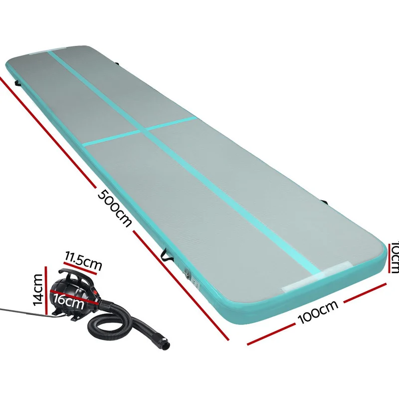 Everfit 5M Air Track Gymnastics Tumbling Exercise Yoga Mat with Pump Inflatable (Mint and Grey)