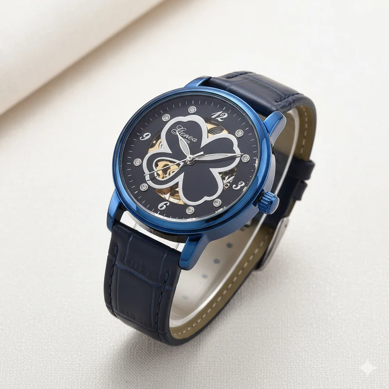 GENOA TIME V2 Automatikuhr mit Automatikwerk, Zifferblatt mit Blumenmuster und Moissaniten, blaues Lederarmband, 36 mm