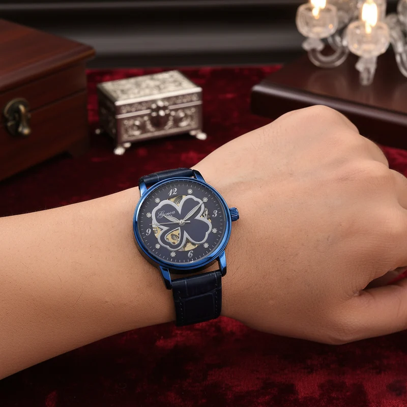 GENOA TIME V2 Automatikuhr mit Automatikwerk, Zifferblatt mit Blumenmuster und Moissaniten, blaues Lederarmband, 36 mm