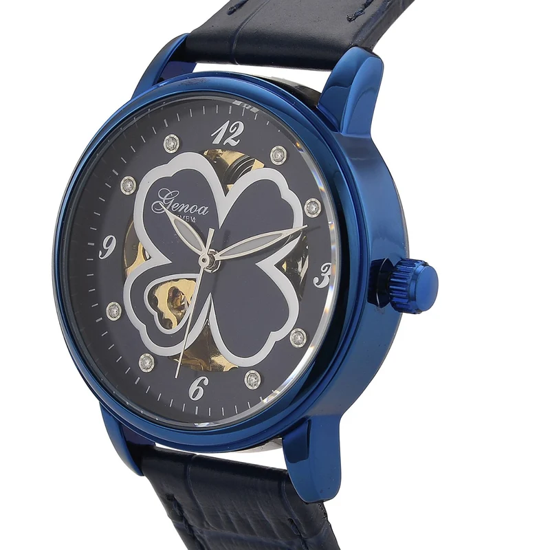 GENOA TIME V2 Automatikuhr mit Automatikwerk, Zifferblatt mit Blumenmuster und Moissaniten, blaues Lederarmband, 36 mm