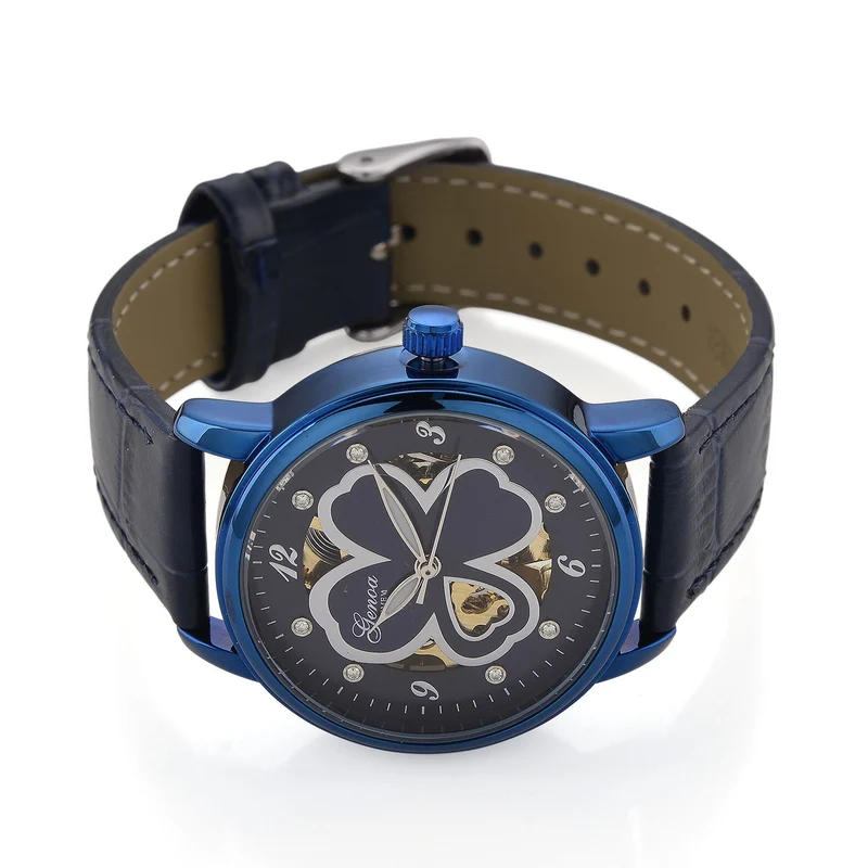 GENOA TIME V2 Automatikuhr mit Automatikwerk, Zifferblatt mit Blumenmuster und Moissaniten, blaues Lederarmband, 36 mm