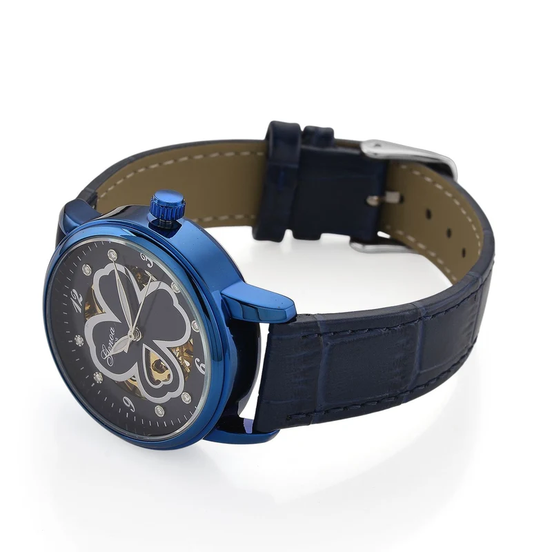 GENOA TIME V2 Automatikuhr mit Automatikwerk, Zifferblatt mit Blumenmuster und Moissaniten, blaues Lederarmband, 36 mm