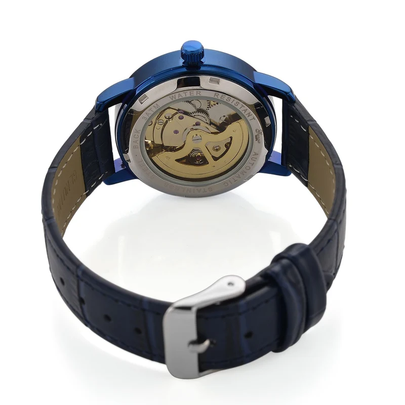 GENOA TIME V2 Automatikuhr mit Automatikwerk, Zifferblatt mit Blumenmuster und Moissaniten, blaues Lederarmband, 36 mm