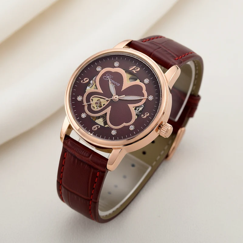 GENOA TIME V2 Automatikuhr mit Automatikwerk, Zifferblatt mit Blumenmuster und Moissaniten, blaues Lederarmband, 36 mm