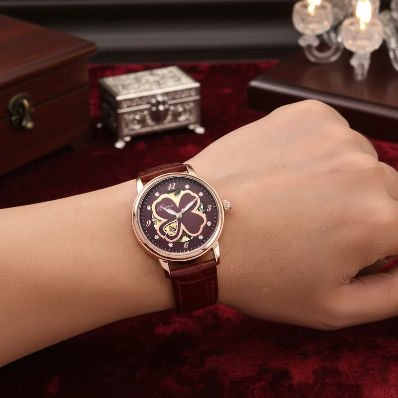 GENOA TIME V2 Automatikuhr mit Automatikwerk, Zifferblatt mit Blumenmuster und Moissaniten, blaues Lederarmband, 36 mm