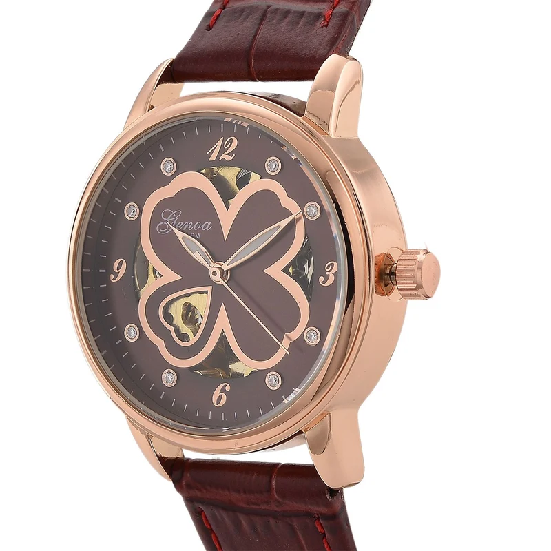 GENOA TIME V2 Automatikuhr mit Automatikwerk, Zifferblatt mit Blumenmuster und Moissaniten, blaues Lederarmband, 36 mm