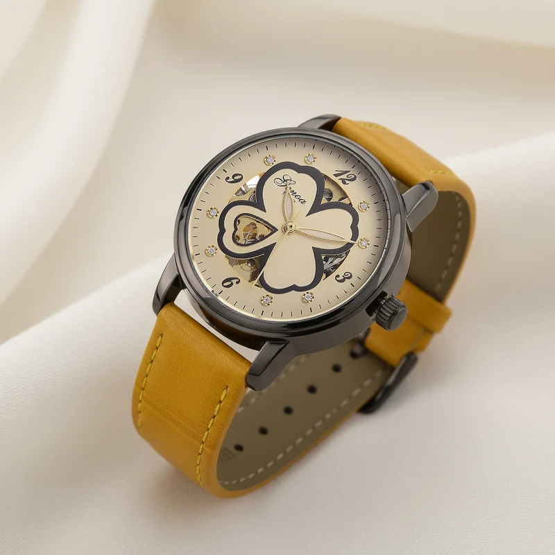 GENOA TIME V2 Automatikuhr mit Automatikwerk, Zifferblatt mit Blumenmuster und Moissaniten, blaues Lederarmband, 36 mm