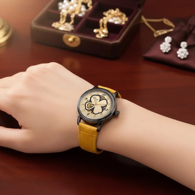 GENOA TIME V2 Automatikuhr mit Automatikwerk, Zifferblatt mit Blumenmuster und Moissaniten, blaues Lederarmband, 36 mm
